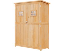 Houten tuinschuur, tuinkast, afmetingen: 127,5L x 50B x 164H cm, 2 planken, 2 deuren, 2 ramen, waterdicht bitumen dak, massief voorgeolied vurenhout, naturel hout