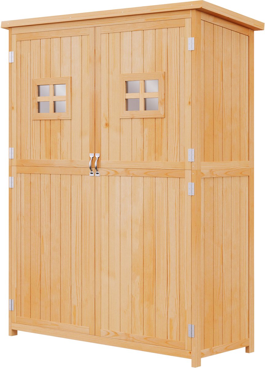 Houten tuinschuur, tuinkast, afmetingen: 127,5L x 50B x 164H cm, 2 planken, 2 deuren, 2 ramen, waterdicht bitumen dak, massief voorgeolied vurenhout, naturel hout