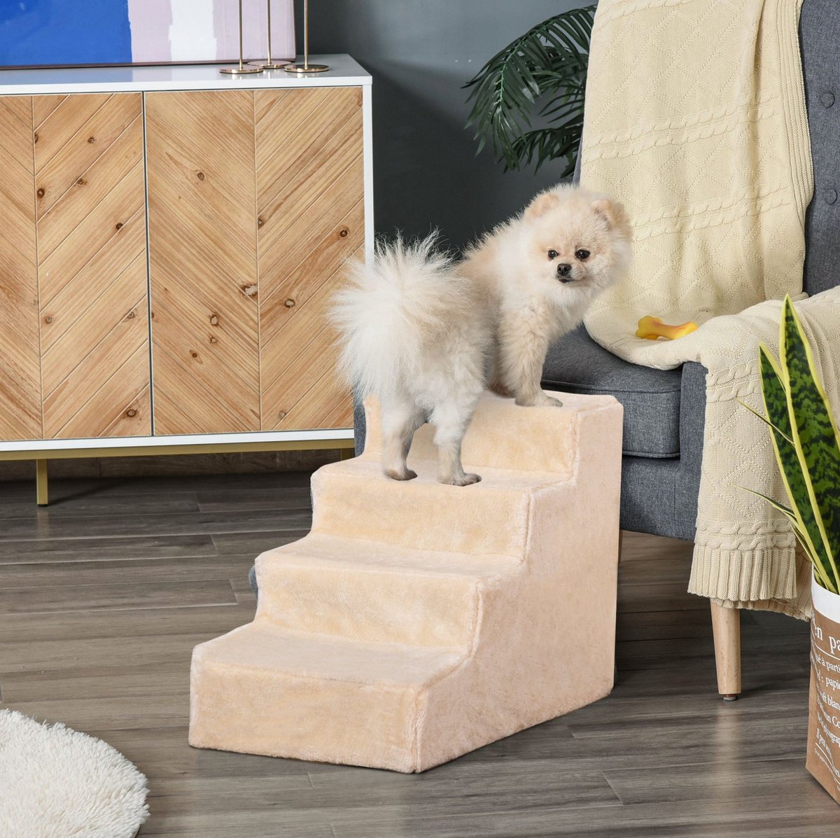 REDOM - Huisdierentrap - 4 treden - Afneembare pluche hoes - Voor sofa en bed - Multiplex en pluche - Beige - 60 x 35 x 44 cm