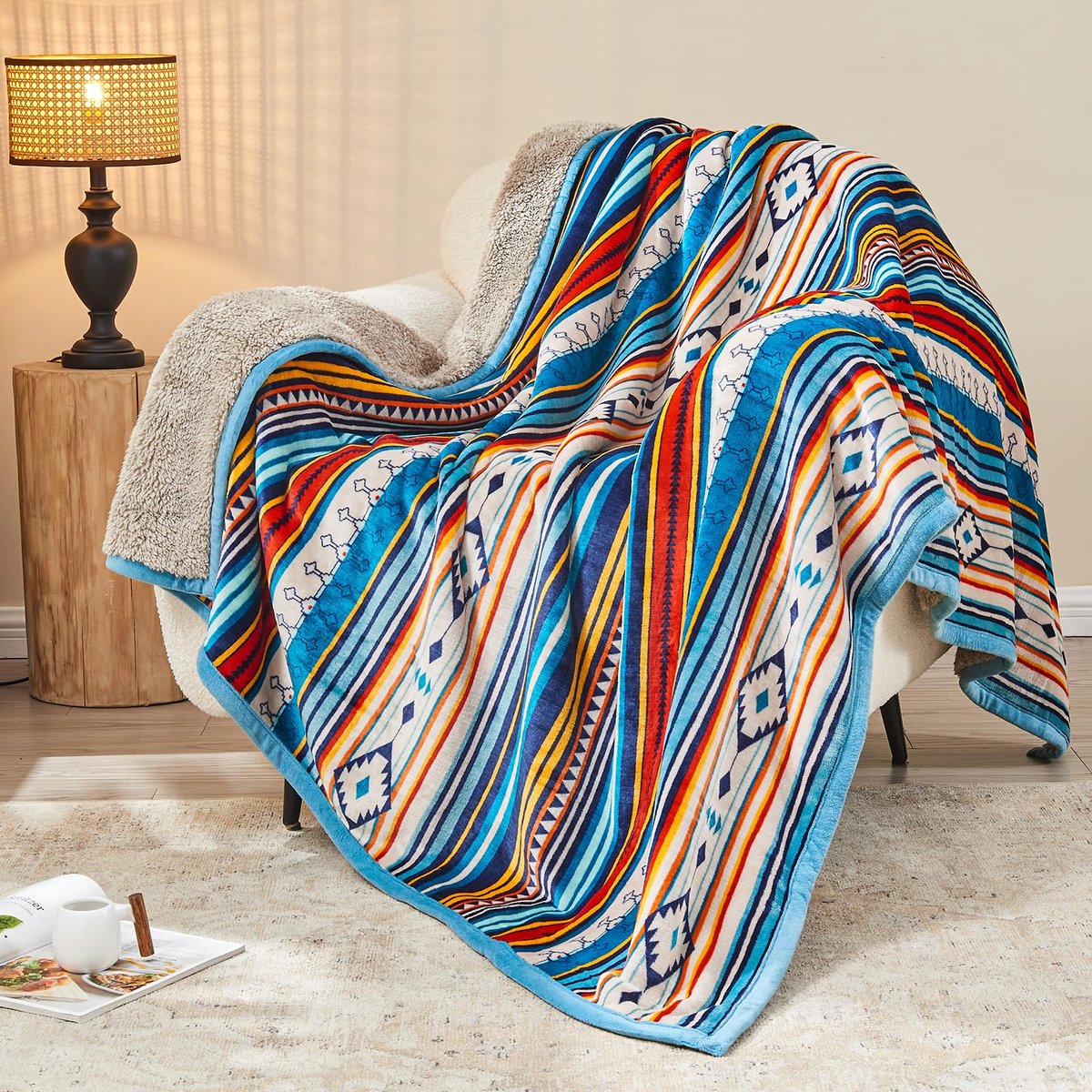 SnelShoppen - Super dikke bedplaid met blauwe streep, comfortabele omkeerbare flanellen sherpadeken voor bed en bank, luxe Boheemse dekens, extreem za