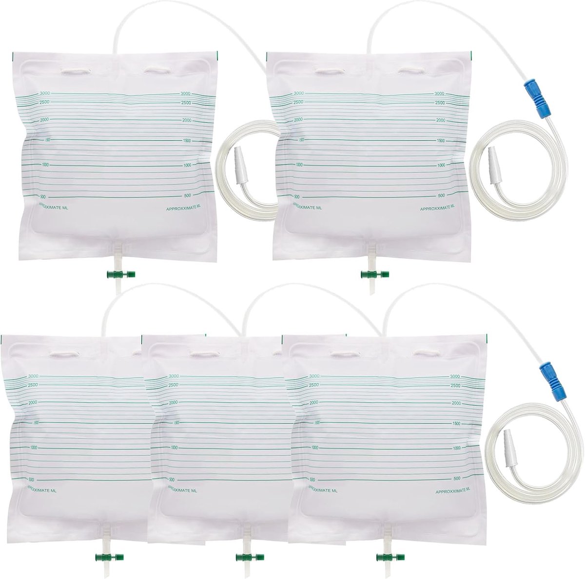 5 stuks 3000 ml urinezakje, katheterzak met verlengde slang, urinedrainagezak met anti-reflux, katheter nachtzak, urinezakje, drainagezak bij incontinentie - steriel verpakt