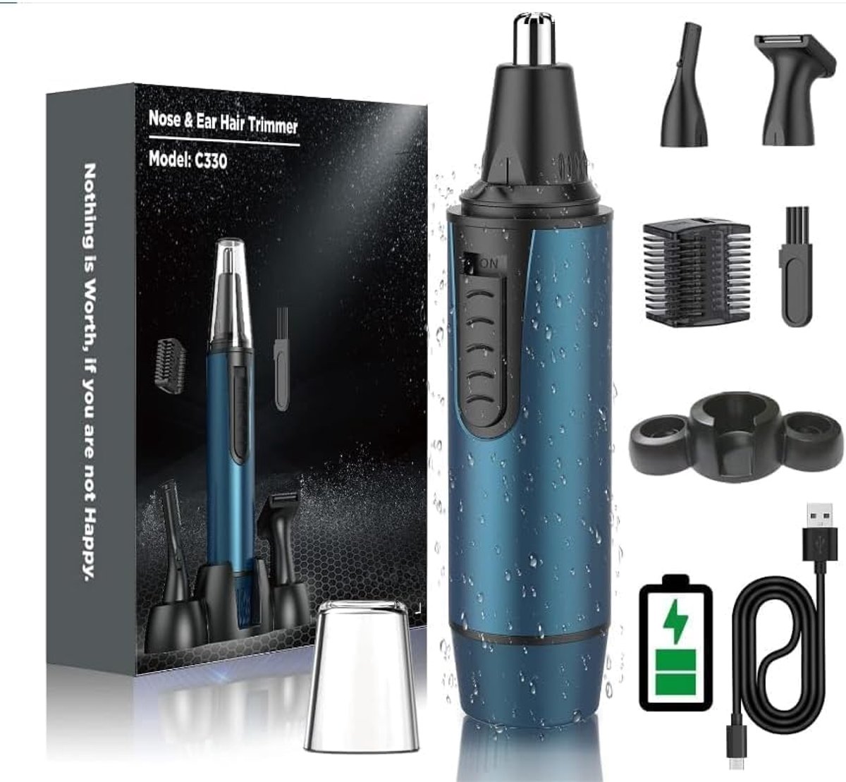 3 in 1 neushaarverwijderaar en oorhaarsnijder, USB oplaadbaar neushaartrimmer-heren, gezichtshaarverwijderaar voor mannen en vrouwen, IPX7 waterdicht, eenvoudige reiniging, blauw