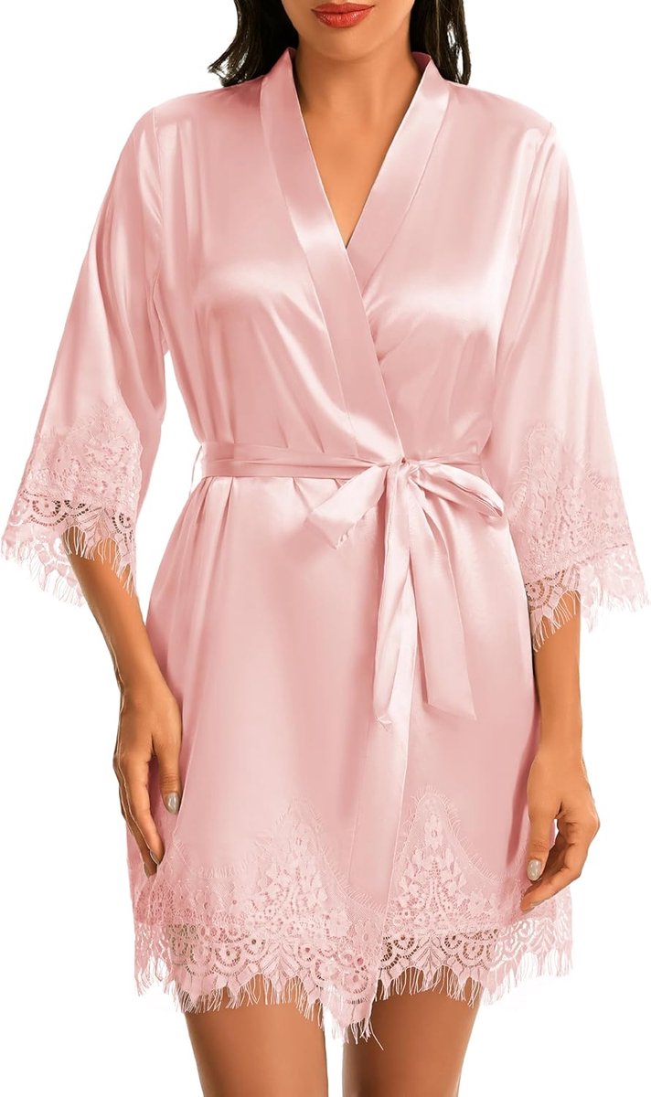 Dames satijnen kimono kort bruid kant badjas en jurk zijde sexy lichte badjas V-hals met riem bruidsmeisjesjurk