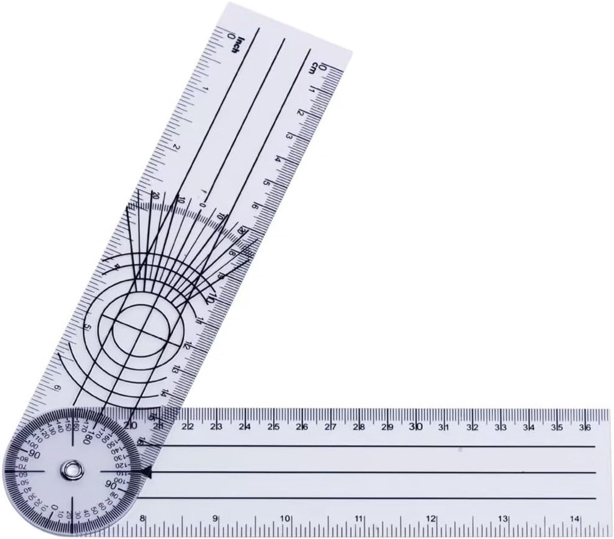 Gradenboog, hoek, pvc-goniometer, fysiotherapie, transparant, 360° rotatie, protractor, fysiotherapie, 21,4 cm, medische gradenboog
