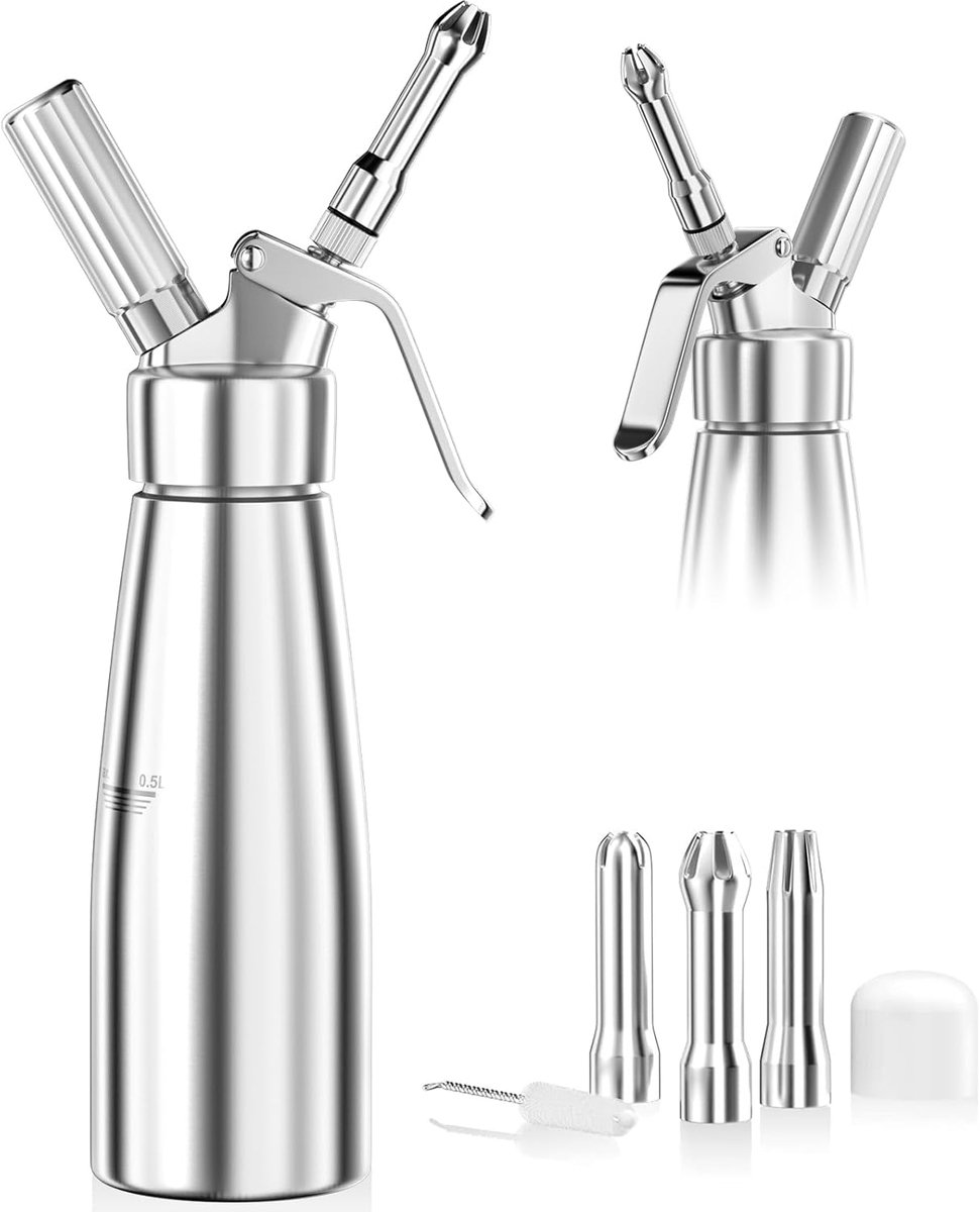 500 ml slagroommaker, roomsifon van aluminium met 3 spuitmonden van roestvrij staal en 1 reinigingsborstel, voor decoratie van taarten, verjaardag, gebak, ijs en desserts