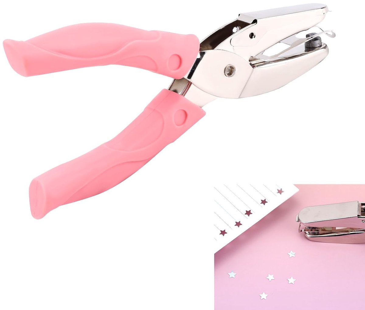 5mm Diameter Ster Enkelgats Pons, Handpons met Roze Handgreep voor Knutselen Etiketten Tickets Plakboeken (Ster Vorm)