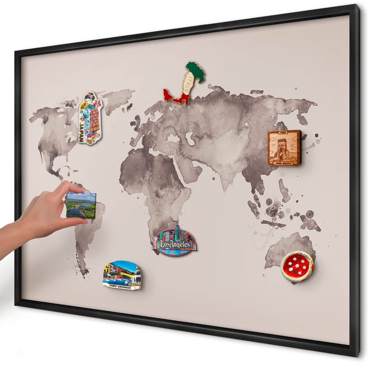 Artprintcave Bruin Magneetbord mit Zwart Frame - 100x70 cm - Wereldkaart Magnetische Organizer - Waterverf Magneet Bord mit Frame - Kaarten