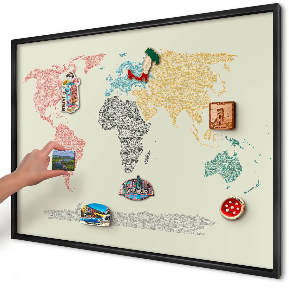 Artprintcave Beige Magneetbord mit Zwart Frame - 100x70 cm - Wereldkaart Magnetische Organizer - Typografisch Notitiebord - Kaarten