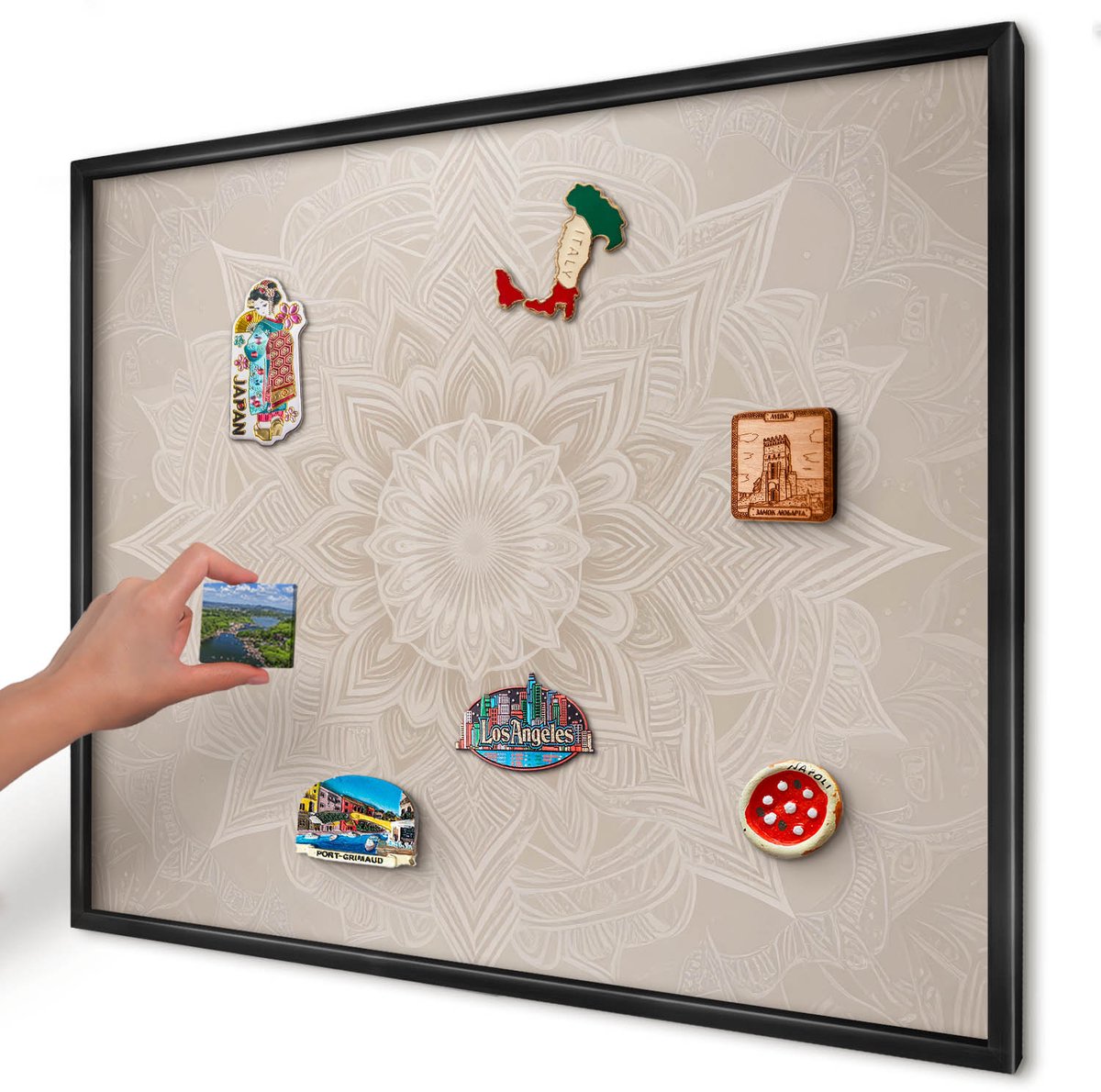 Artprintcave Beige Magneetbord mit Zwart Frame - 80x60 cm - Mandala-Patroon Wandbord Magnetisch - Minimalist Magneetbord Voor Foto's - Abstractie