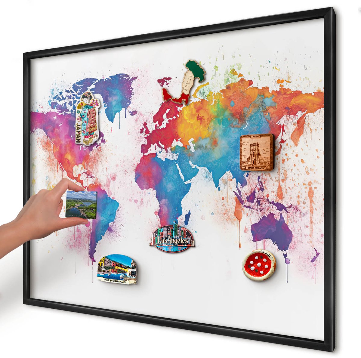 Artprintcave Blauw Magneetbord mit Zwart Frame - 80x60 cm - Kleurenkaart Notitiebord - Waterverf Magneetbord Voor Foto's - Kaarten