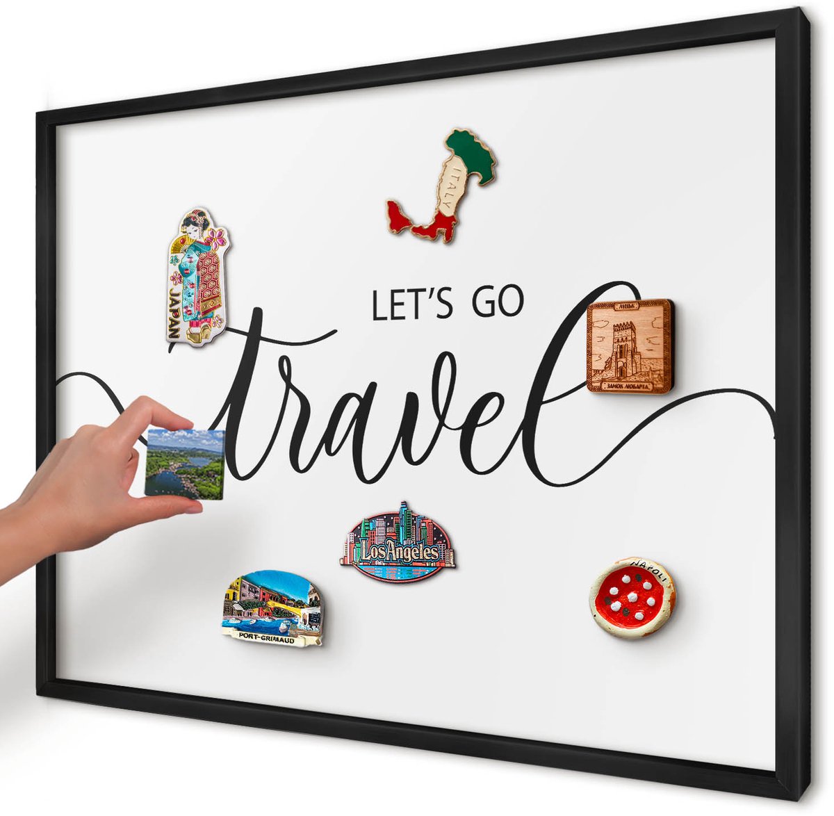 Artprintcave Zwart Magneetbord mit Zwart Frame - 70x50 cm - Laten We Samen Op Reis Gaan Magnetisch Bord - Typografisch Magneet Bord mit Frame - Teksten
