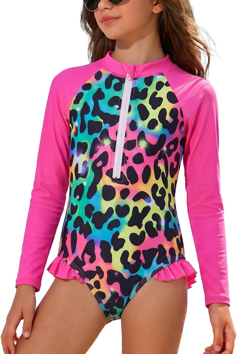 Meisjes Rash Guard Badpak Lange Mouw Een Stuk UV Zonbescherming Zip Badpak Sneldrogend Kinderen Zwemmen Kostuum voor 3-8 Jaar
