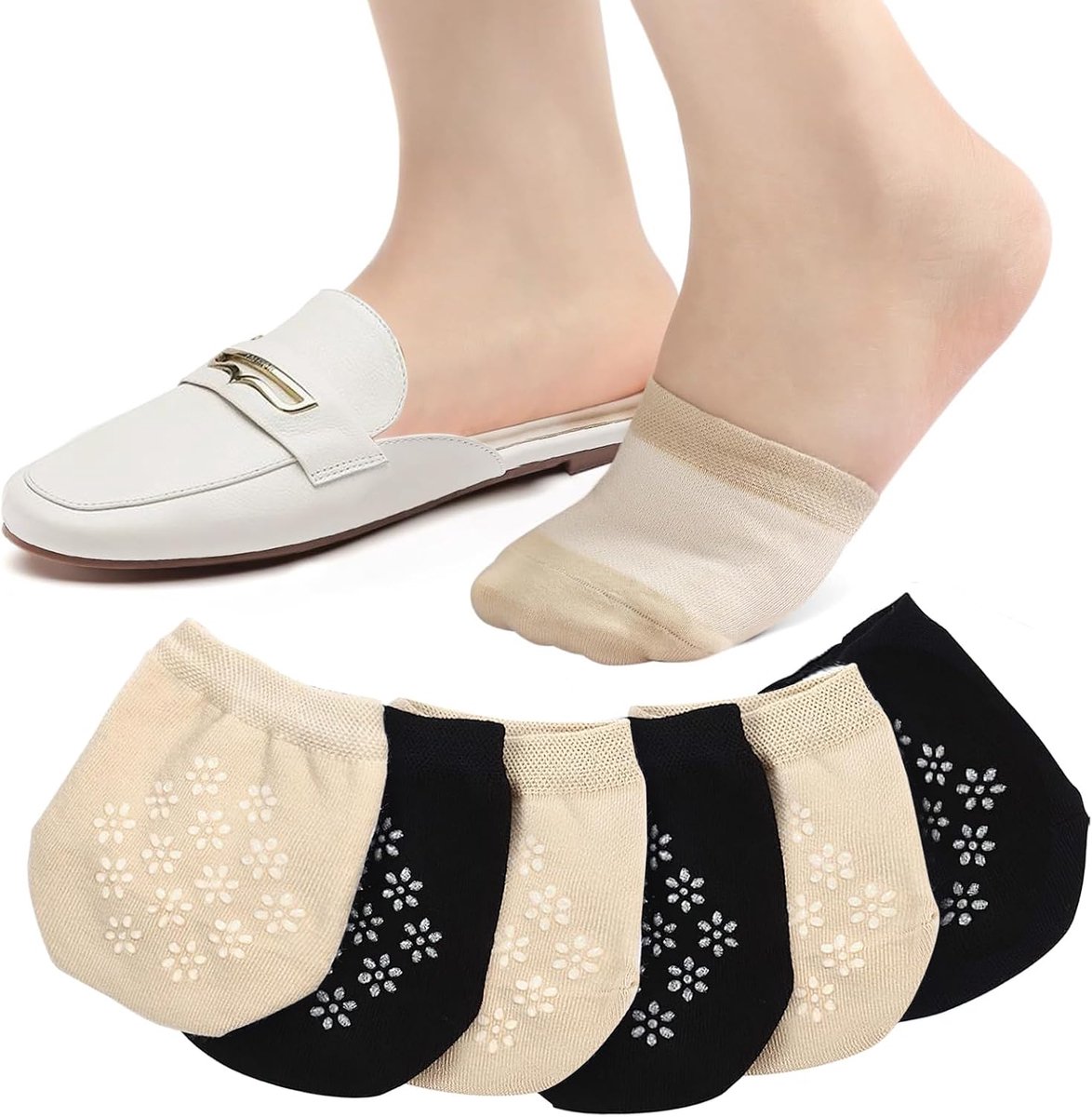 Sokken, voorvoetsokken van katoen voor dames, zweetabsorberend, no show, onzichtbare halfsokken met antislip siliconen voor pantoletten, slingback-hoge hakken