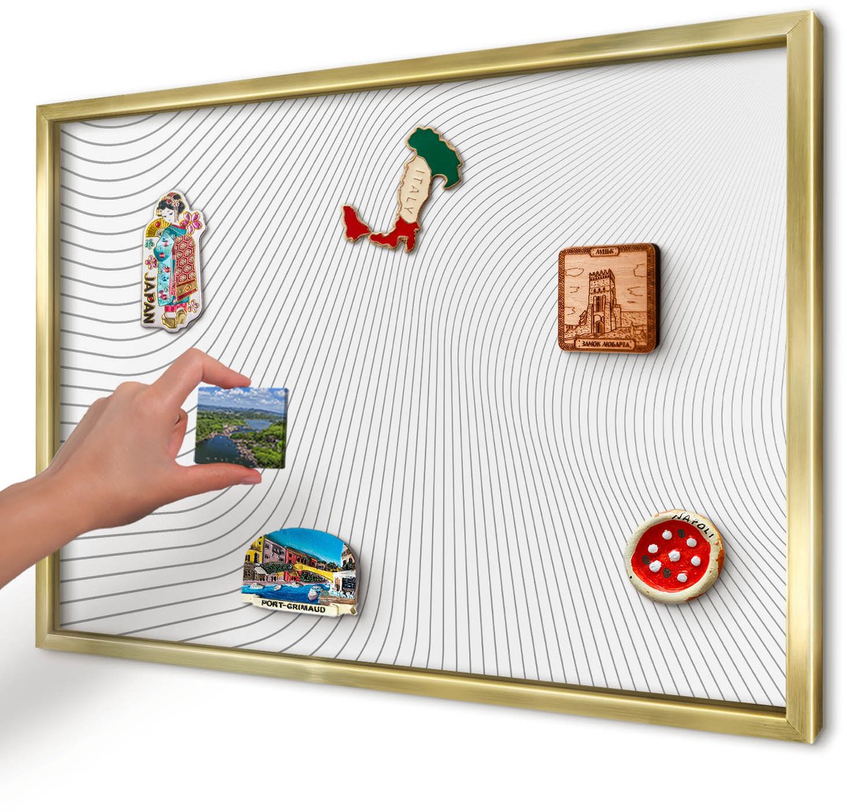 Artprintcave Wit Magneetbord mit Gouden Frame - 60x40 cm - Lijngolven Memobord Keuken - Minimalist Magneet Bord mit Frame - Geometrie