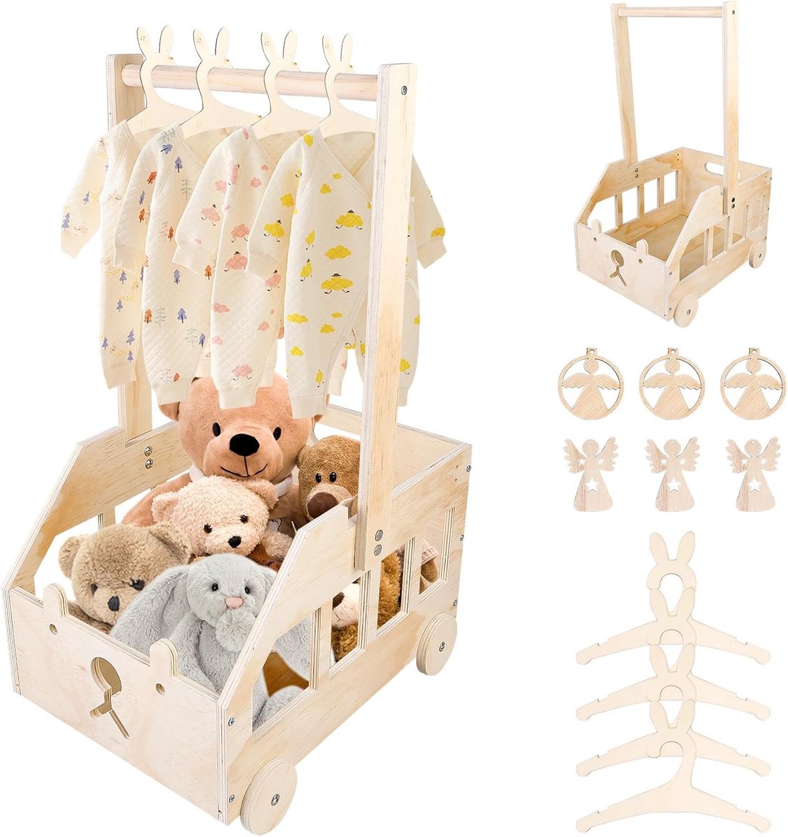 cadeau met handvat, babyopbergmand met 4 kleerhangers voor kinderen en 6 engelen, houten babygeschenkmand, babymand pasgeborenen voor zwangere vrouwen, nieuwe ouders, ideaal voor kleding