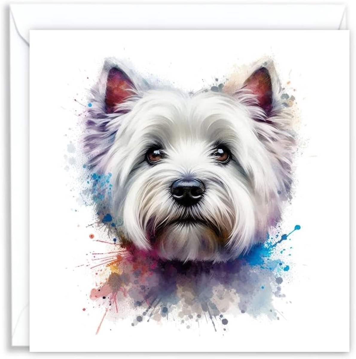 SnelShoppen - West Highland Terrier (Westie) Watercolor Splash Effect Kunstzinnige Groetkaart - Lege Binnenkant - 144x144 mm - FSC Gecertificeerd - Pe