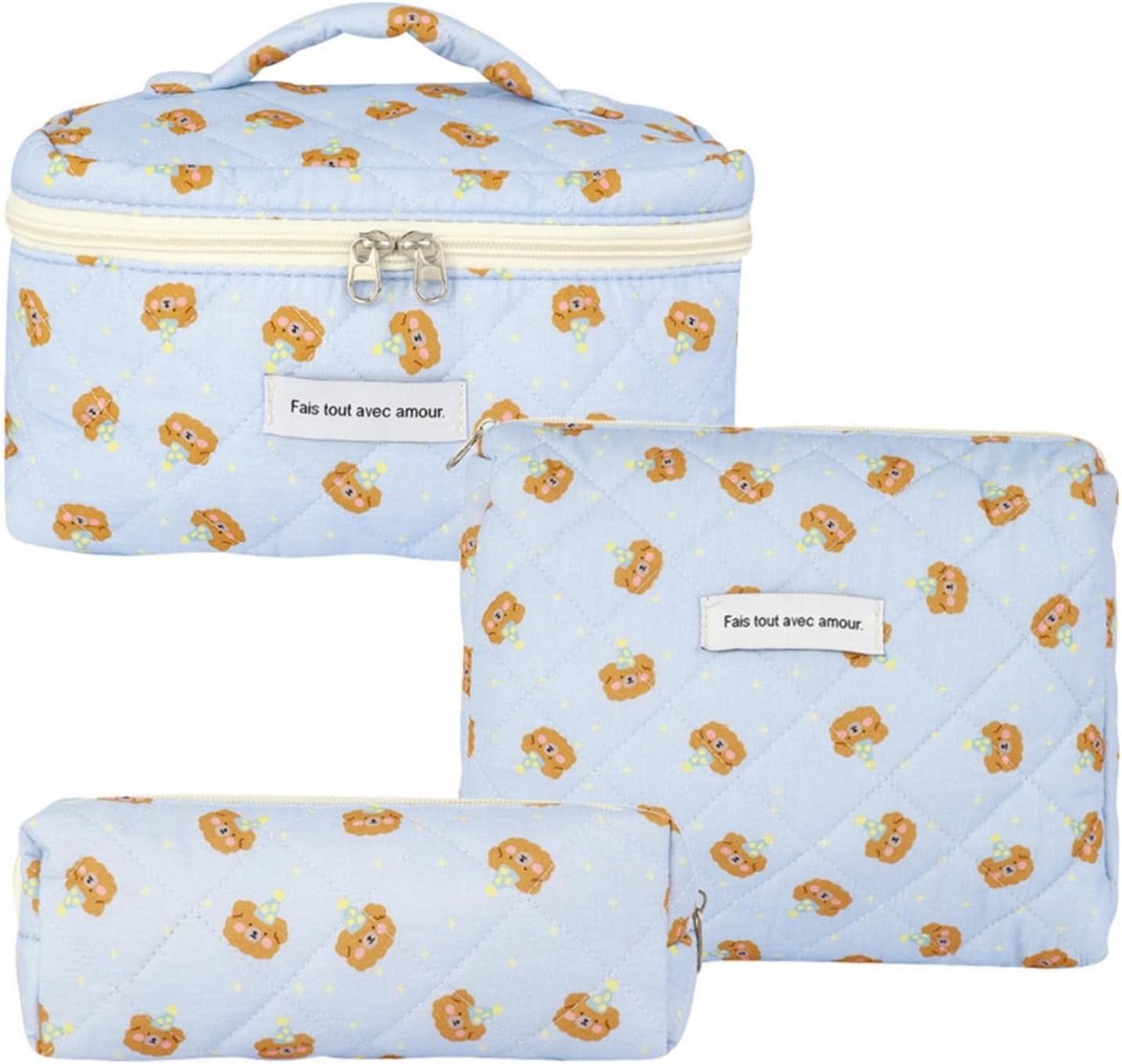 Aucuu 3-delige Coquette make-up tas, gewatteerd make-up tas voor vrouwen, bloemen katoen cosmetische tassen set, grote - ShopVlot
