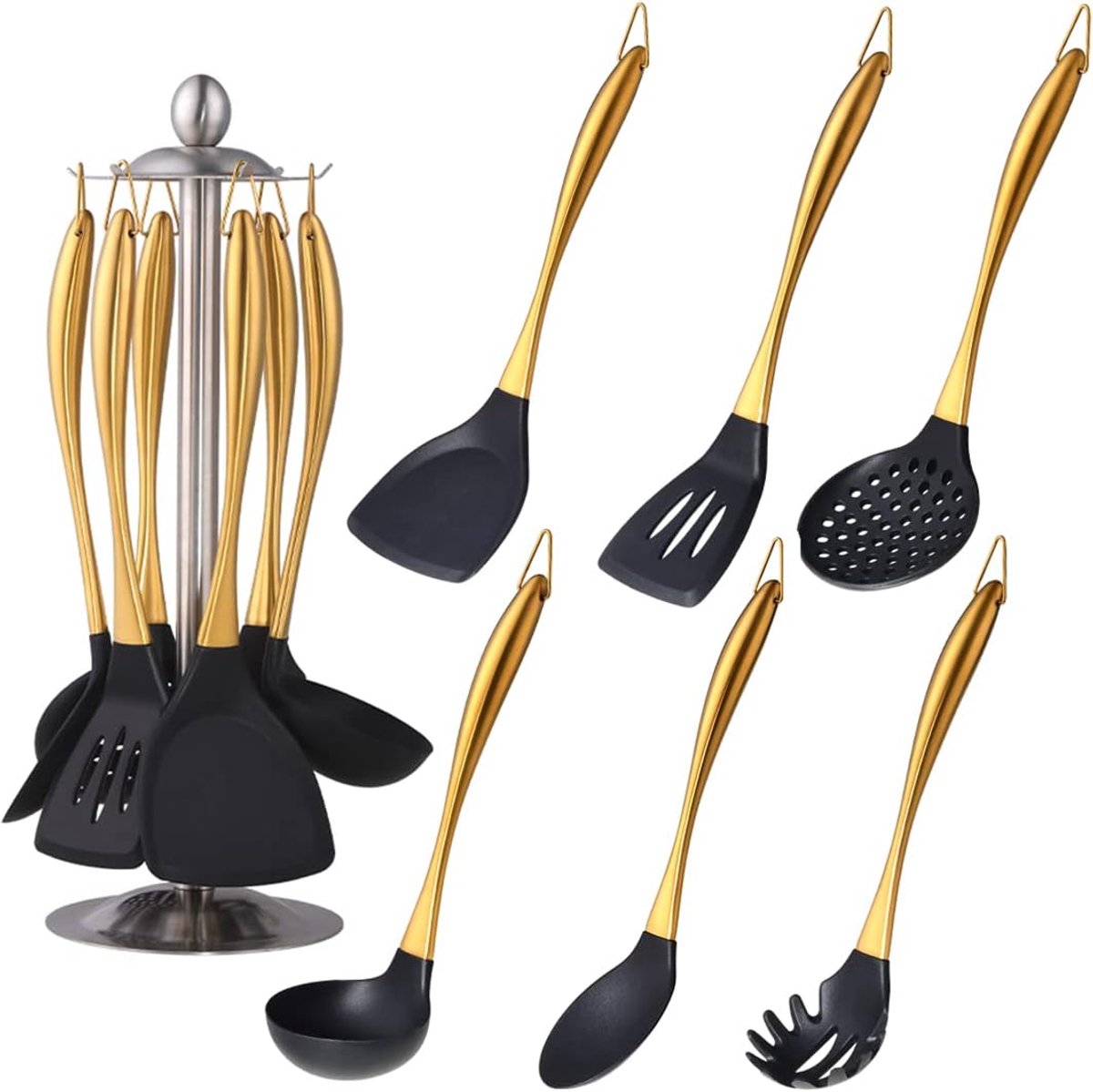 SnelShoppen - Silicone Kookgerei Set, 7-delige Silicone Keukenaccessoires, Antikleef Keukengerei met Titanium Rvs Handvat en Keukenhulpmiddel Houder,