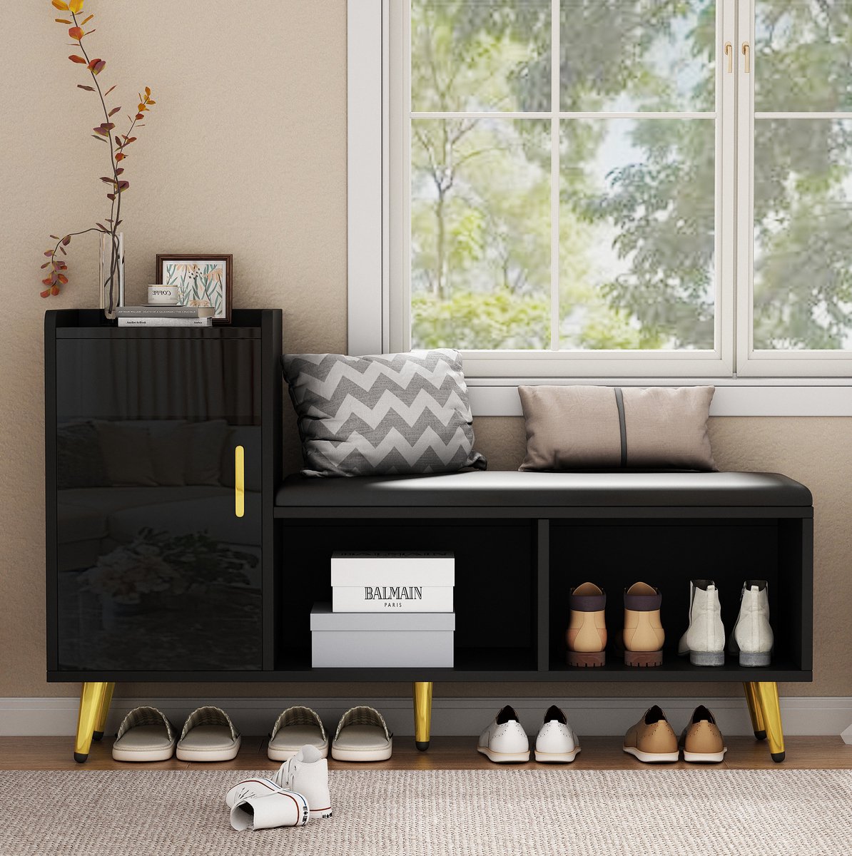 MIVRAY Schoenenkast Met Zitbank - Hoogglans Zwarte Opbergkast Met Zachte Zitting En Gouden Details - Voor Hal En Gang - Spaanplaat - 120 X 35 X 71,5 Cm