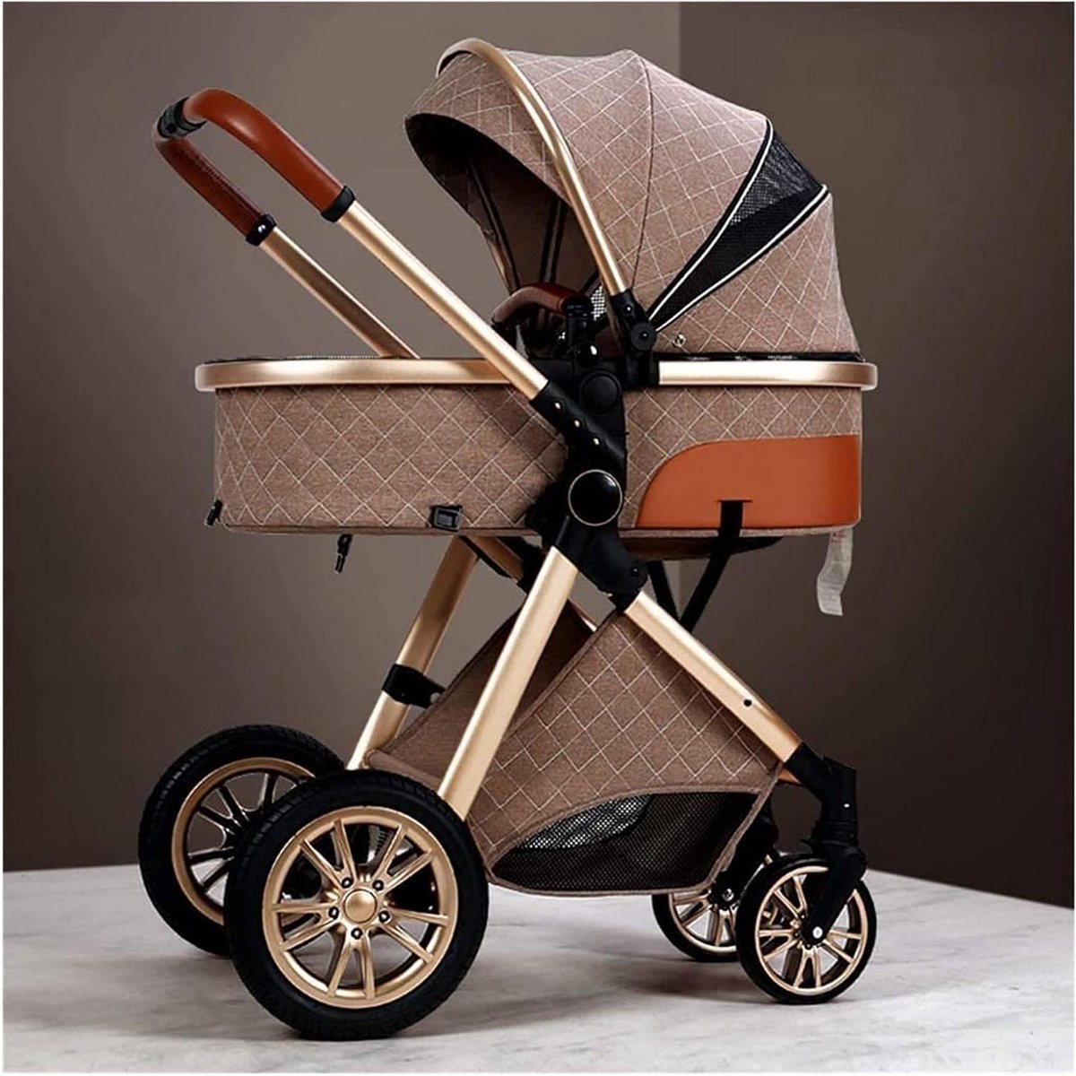 Kinderwagen Luxe - Babybuggy Reiswieg - Comfortabel Reizen - Dubbele Schokdempers - 50 pond capaciteit - Goud
