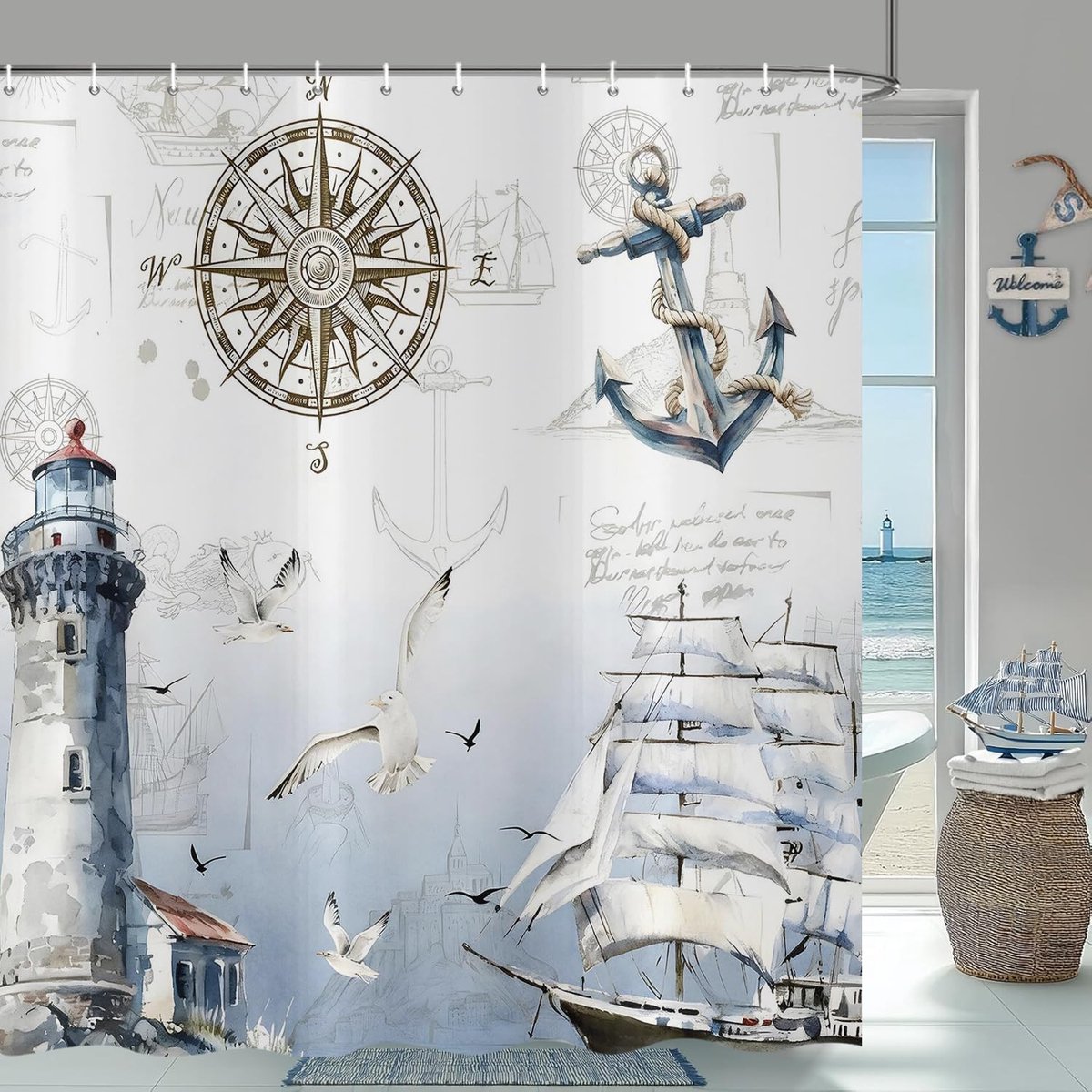 Omgoods - Nautisch Douchegordijn met Zeilboot en Vuurtoren 120x180 cm