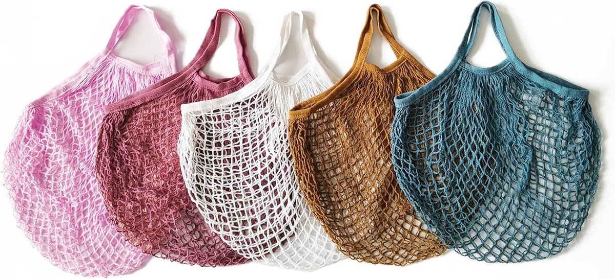 5 Stukken Net String Shopping Bag, Nettas voor Groenten en Fruit, Herbruikbare Katoenen Boodschappentas, voor Kruidenier Winkelaar Produceren Opslag Tassen Strand