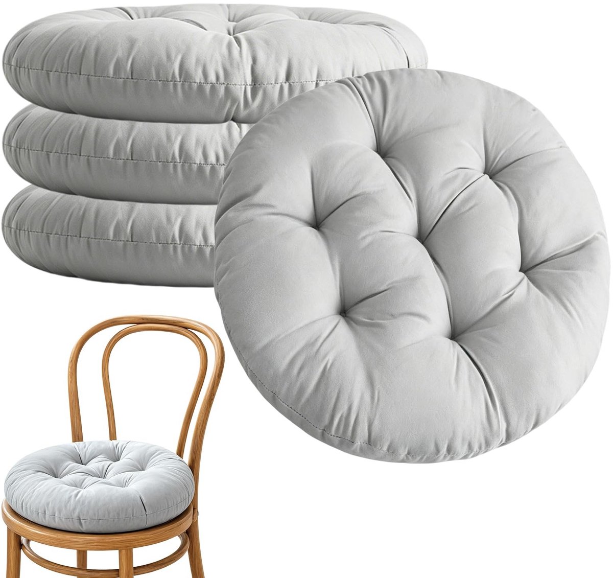 Omgoods - Set van 4 Ronde Zitkussens, Comfortabel en Zacht, Lichtgrijs