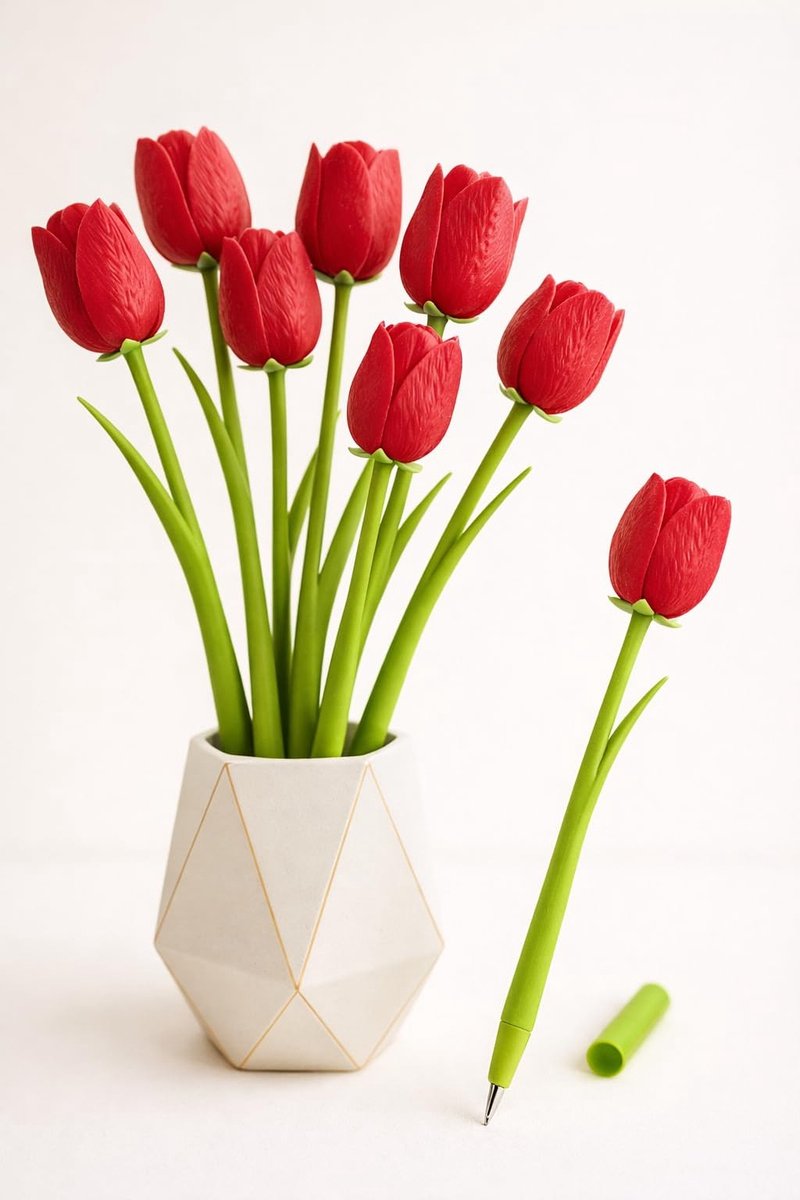 Omgoods- Bloemenpen set van 5 - Realistische Kunsttulpen - Flexibele Siliconen Grip - Bureaudecoratie - Creatieve Projecten - Perfect voor Geschenken - Decoratieve Pennen