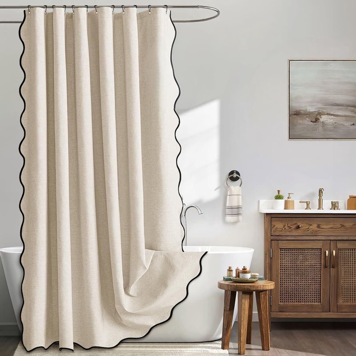 Omgoods - Effen Beige Douchegordijn 180 x 200 cm met Zwart Golfpatroon