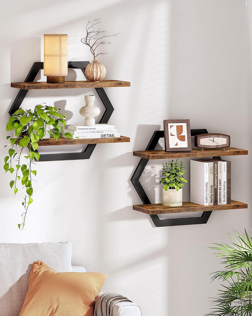 Zwevende planken voor muur, set van 2, hangende planken met 2 niveaus, wandgemonteerde opbergplanken, voor woonkamer, slaapkamer, keuken, thuiskantoor, studeerkamer