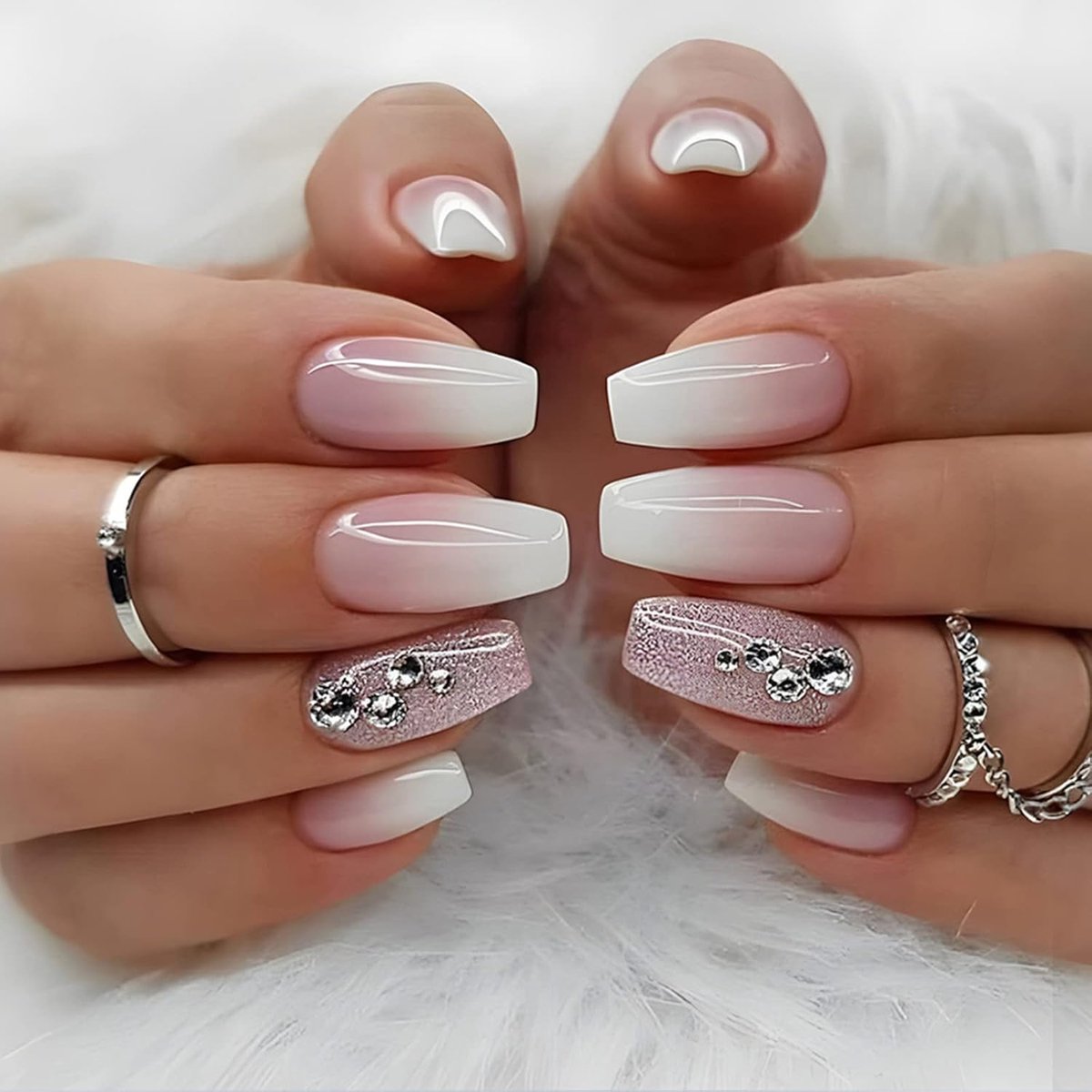 24 stuks vierkante nagels om op te plakken, kort, glanzend, roze, Franse kunstnagels, ballerina, natuurlijke kunstnagels, press on nails met strass-design, vierkante vingernagels, nepnagels voor