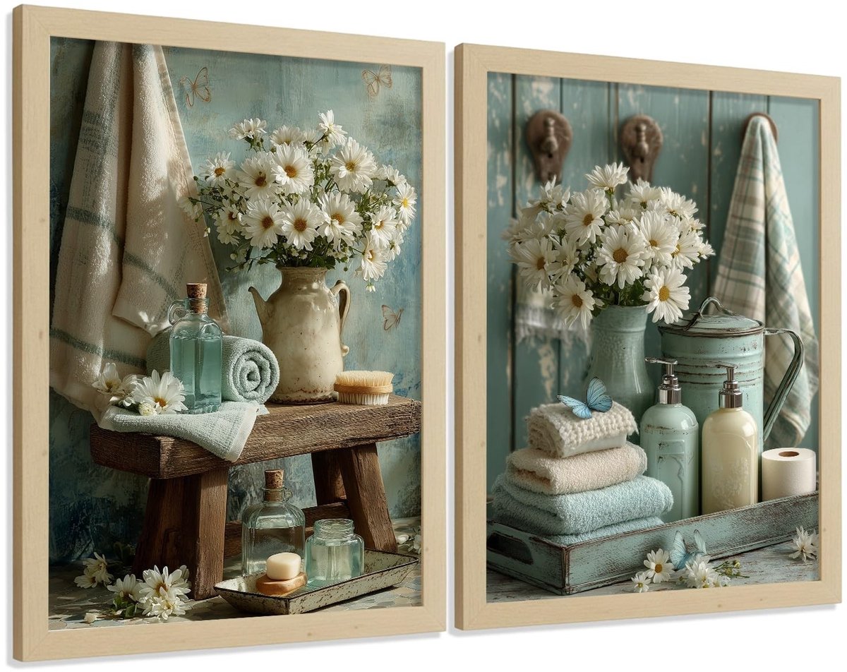 Omgoods - Set van 2 Decoratieve Badkamerposters - Shabby Chic Bloemen voor Wanddecoratie