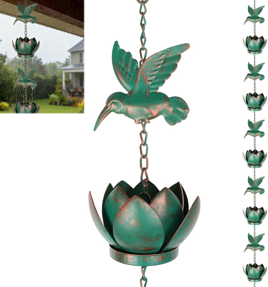 Omgoods- Regenwaterketting 2,4 m - Kolibrie/Lotus - Hangende Regenketting - Dakgoot Drainage - IJzer - Smaragdgroen - Dakgootketting