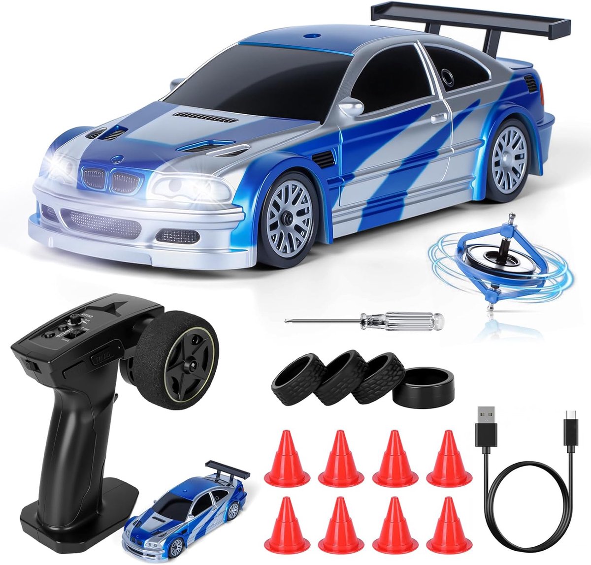 Mini RC Drift Car Pro, 1:43 vooraf bestuurde auto, 4WD Tabletop Drift RC Car, op afstand bestuurde auto met gyro, 15 km/u, speelgoedauto voor kinderen vanaf 14 jaar (blauw Pro'