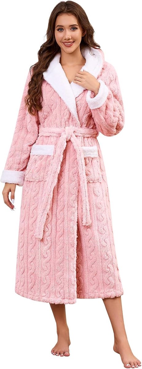 Badjas voor dames, pluizige lange badjas met capuchon, zachte fleece pluche badjas, grote maat, warme, gezellige huisjas met 2 zakken, luxe loungewear, lange nachtkleding