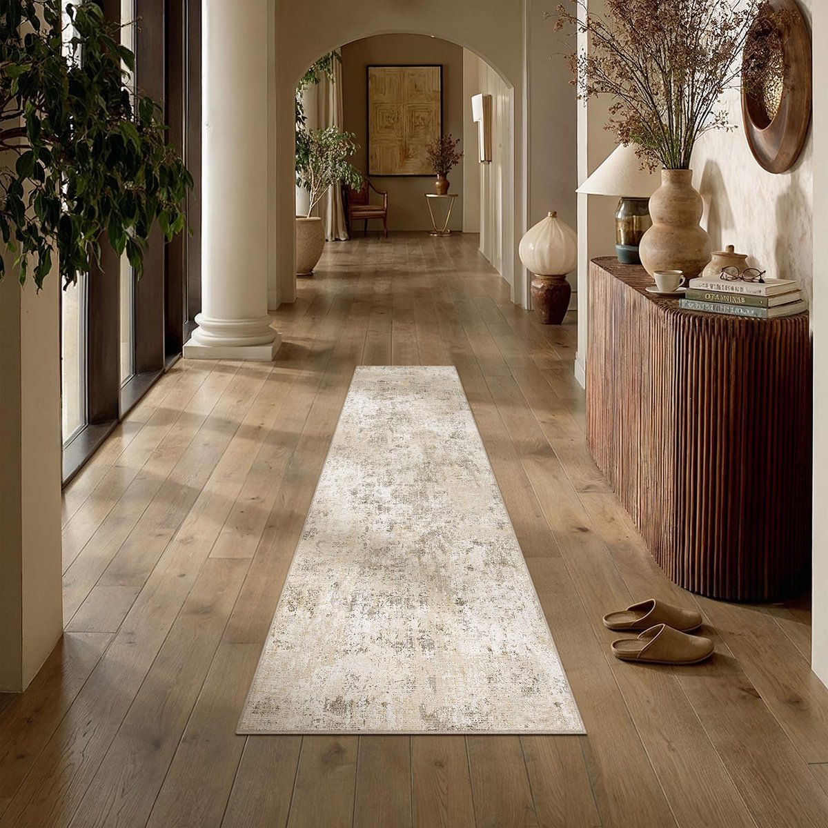 Omgoods - Runner Tapijt 60x180cm Beige - Antislip, Wasbaar, Modern Abstract