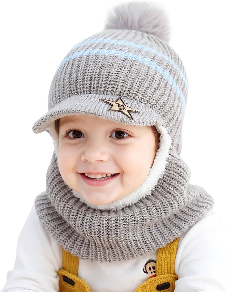 meisjes jongens warme wintermuts thermo fleece gevoerde gebreide muts sjaal muts winddichte beanie muts bivakmuts met pompon capuchon lus sjaals peuters