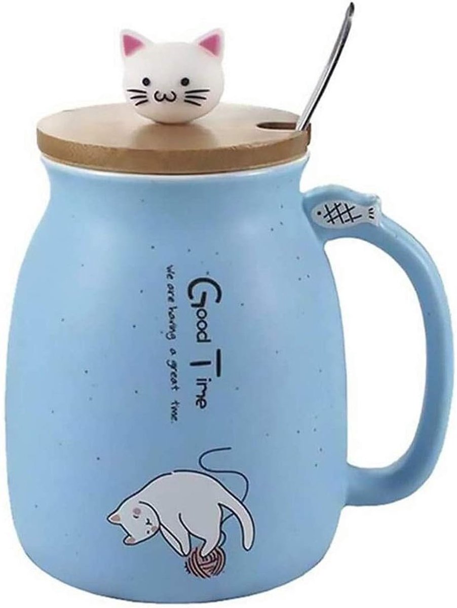 kat keramische mok met lepel en driedimensionale Kitty houten deksel, koffiekop, theekop melkbeker voor cadeau, blauw 450ml/15oz