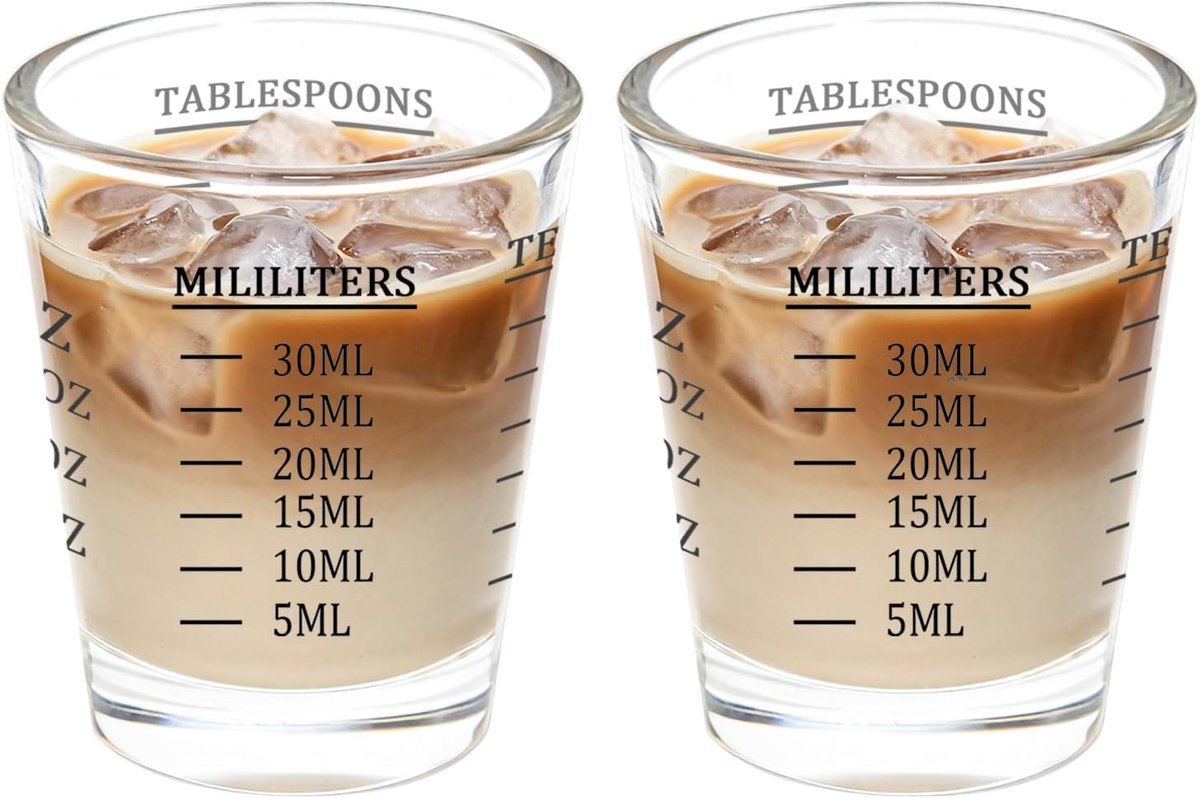 30 ml borrelglazen, maatbeker klein met schaal (oz,tsp, tbs, ml), Cl maatbeker voor cocktail, tequila, wodka, koffie, melk (zwart)