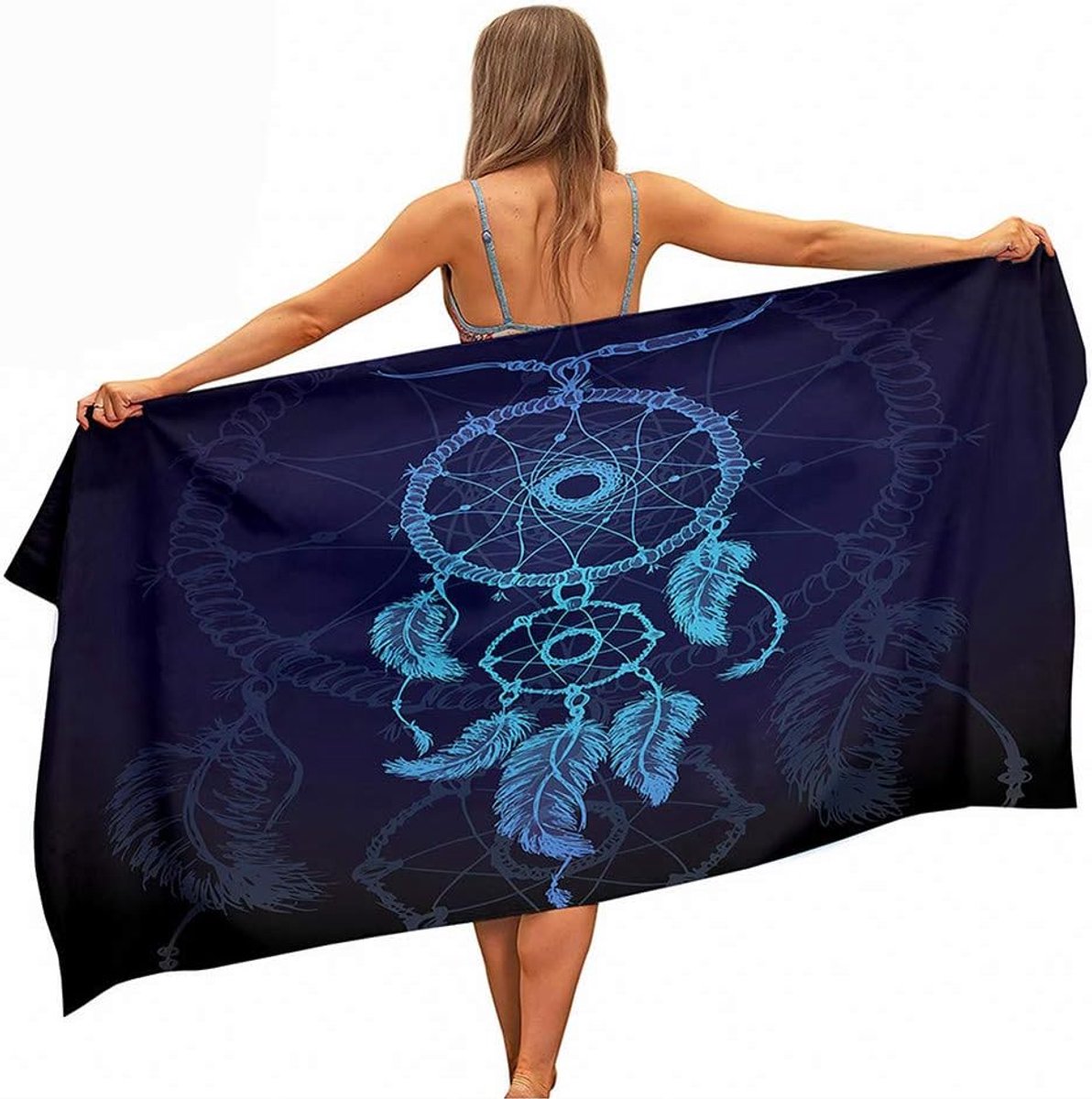 Strandhanddoek van microvezel, anti-zand, reving-sensor, bedrukt, groot, sneldrogend, absorberend, licht, voor zomer, strand, zwemmen (dromenvanger, blauw, 80 x 160 cm)