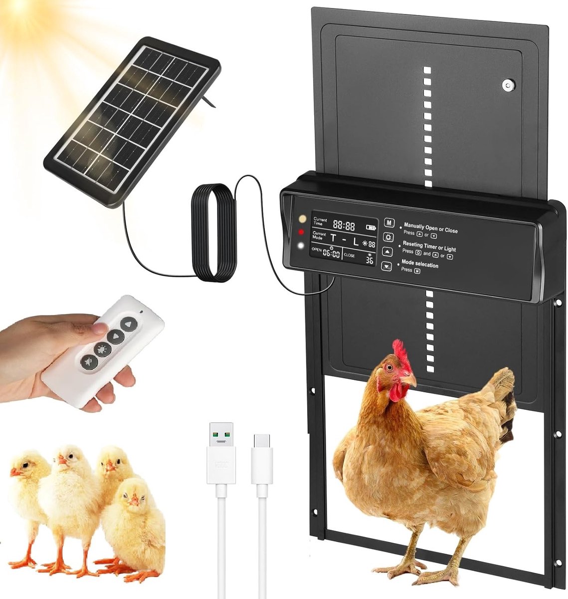 kippenhokdeur op zonne-energie, automatische kippendoorklep op batterij van aluminium met LED-display, afstandsbediening, timer, IP45 waterdicht, automatische kippendoorklep voor de