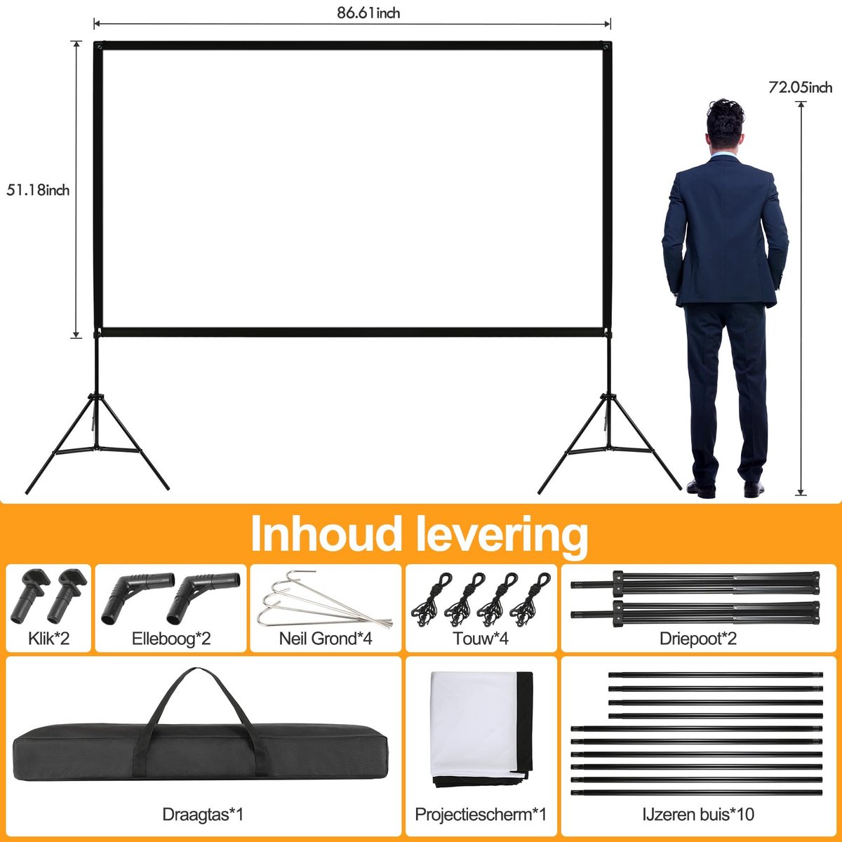 SnelShoppen - 100" Schermprojector met Statief HD 4K, 16:9, 160° Kijkhoek - Draagbare Schermprojector voor Thuisbioscoop, Camping en Kantoorpresentati