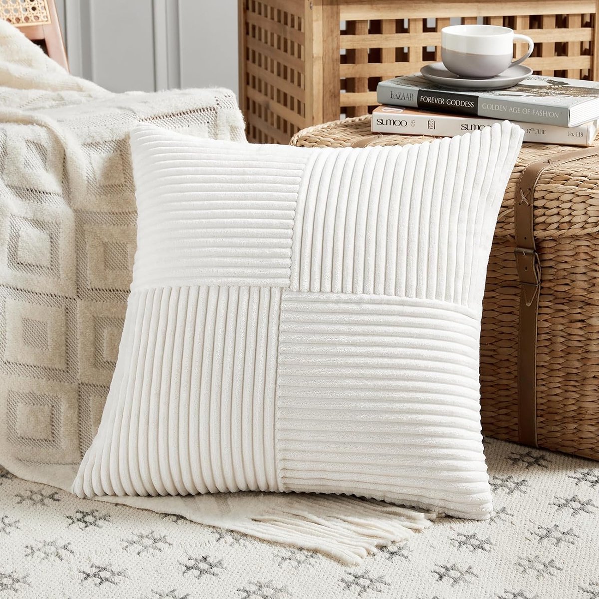 SnelShoppen - Kussenhoezen 35 x 35 cm - Modern Zacht Corduroy met Kruispatroon - Decoratieve Kussenslopen met Verborgen Rits - Witte Kleur voor Sofa e
