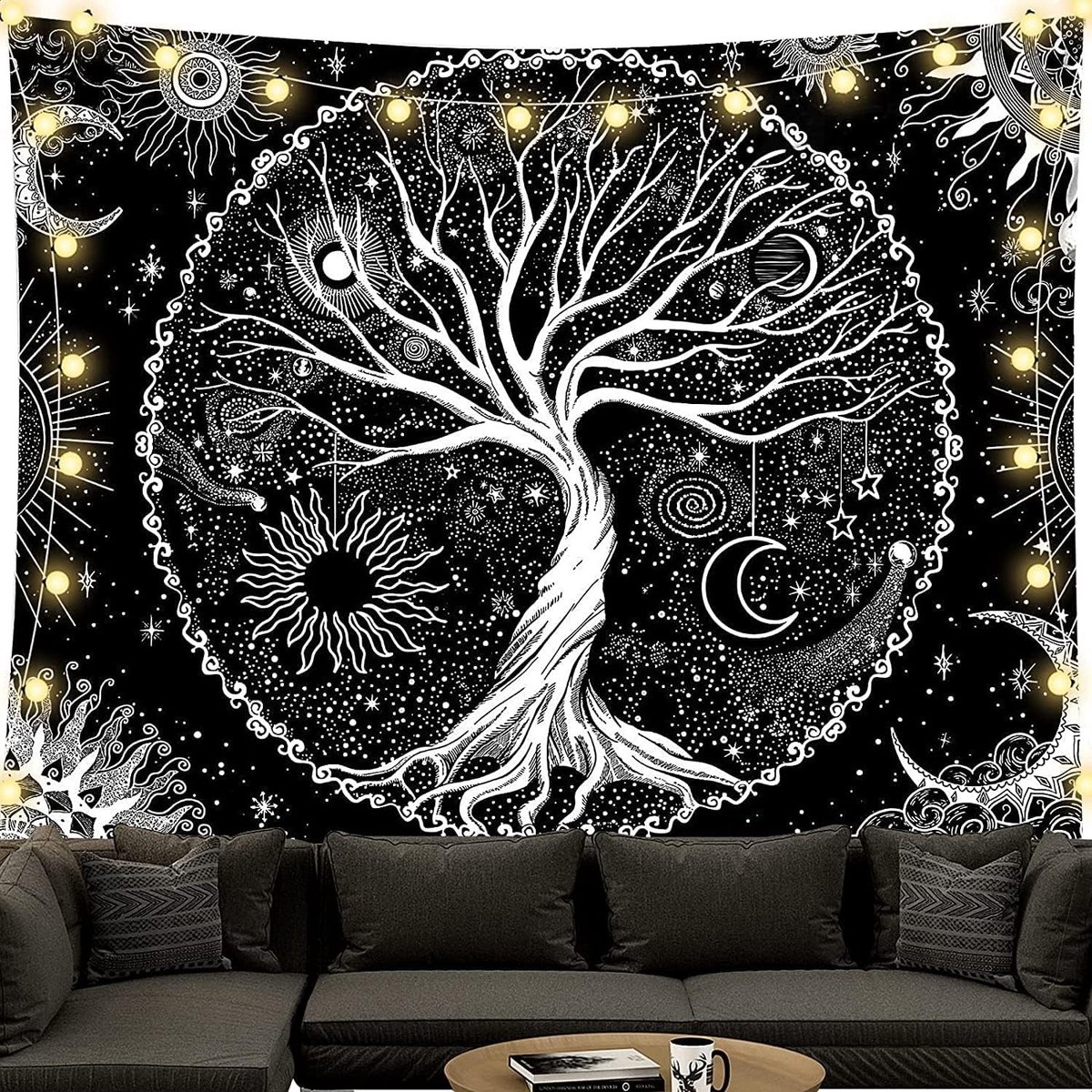 Wandtapijt met levensboom en maanfasen in zwart-wit voor woonkamer en slaapkamer (S/130 x 150 cm)