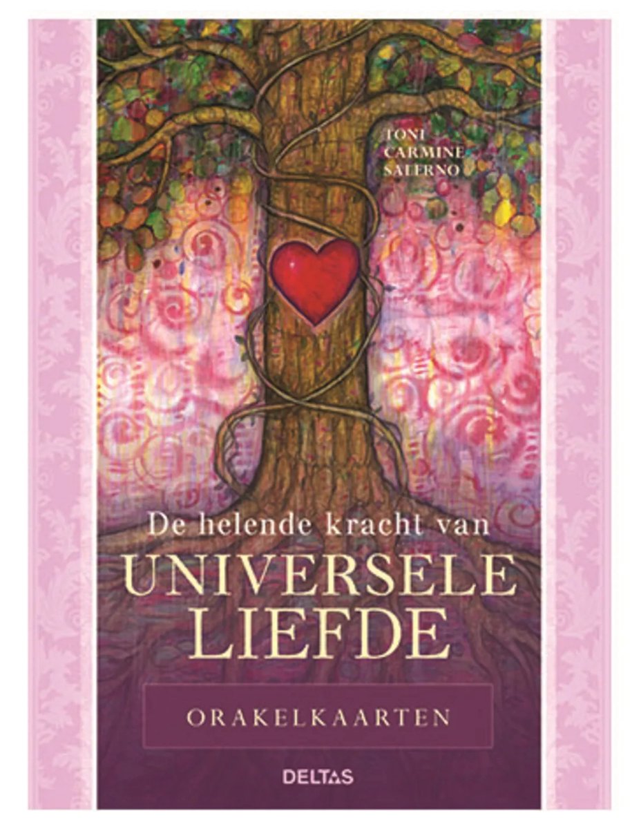 Boekomslag met een boom met wortels, een rood hart in de stam, bladeren en roze swirls. Tekst: De helende kracht van universele liefde.