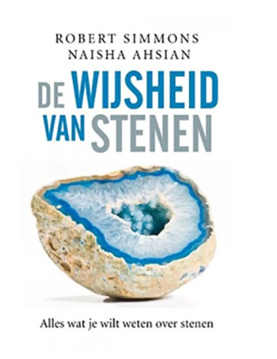 Boek "De Wijsheid van Stenen" met een geode met blauwe kristallen op de voorkant.