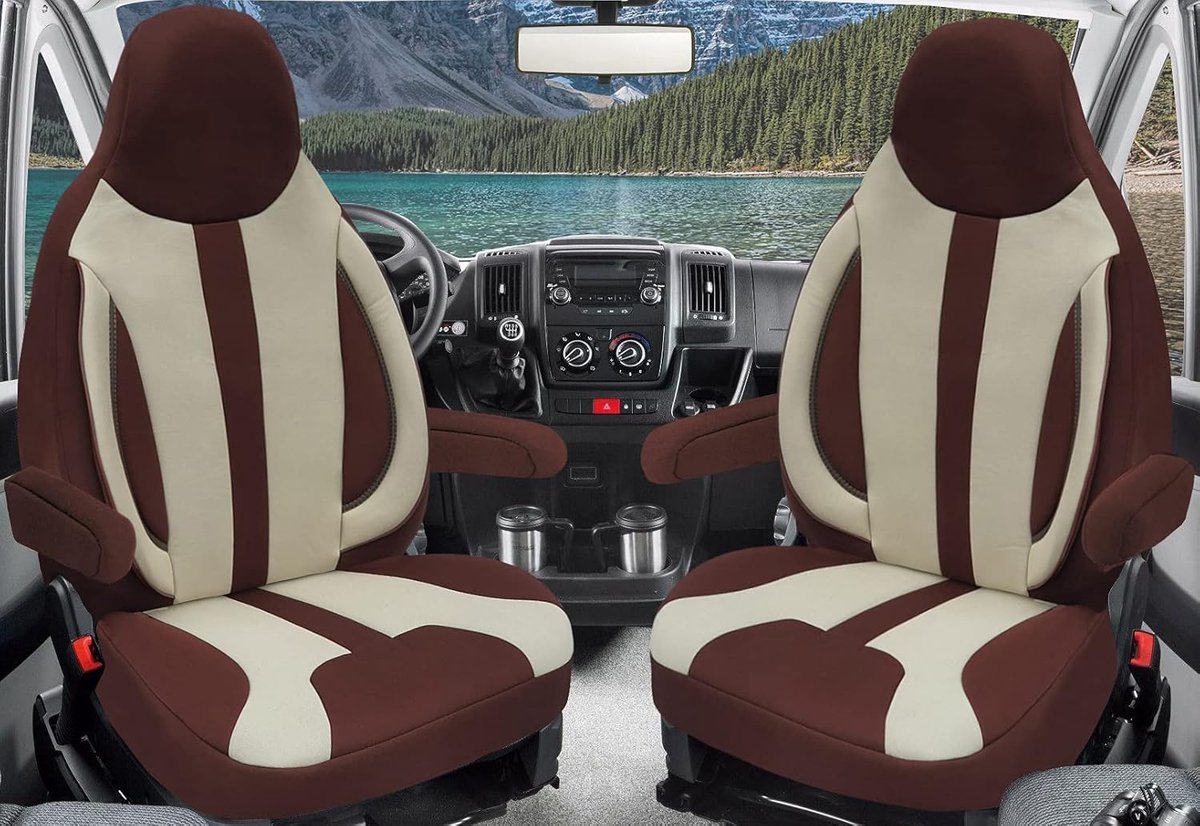 maat gemaakte stoelhoezen, bestuurders- en passagiersstoelen, compatibel met camper FIAT Ducato, Pössl, Knaus, Adria, Carthago, Pilote Laika WPL412, beige/bruin