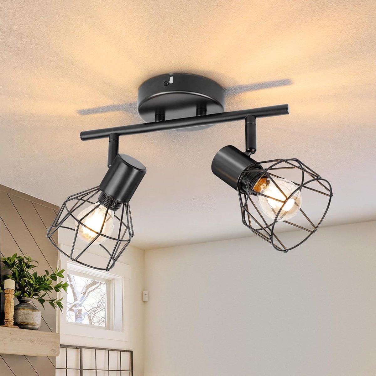 Plafondlamp, spots, draaibaar, zwart, spot, met E14-fitting, plafondlamp, 2 plafondspots, voor binnen, keuken, slaapkamer, woonkamer, max. 40 W zonder lampen