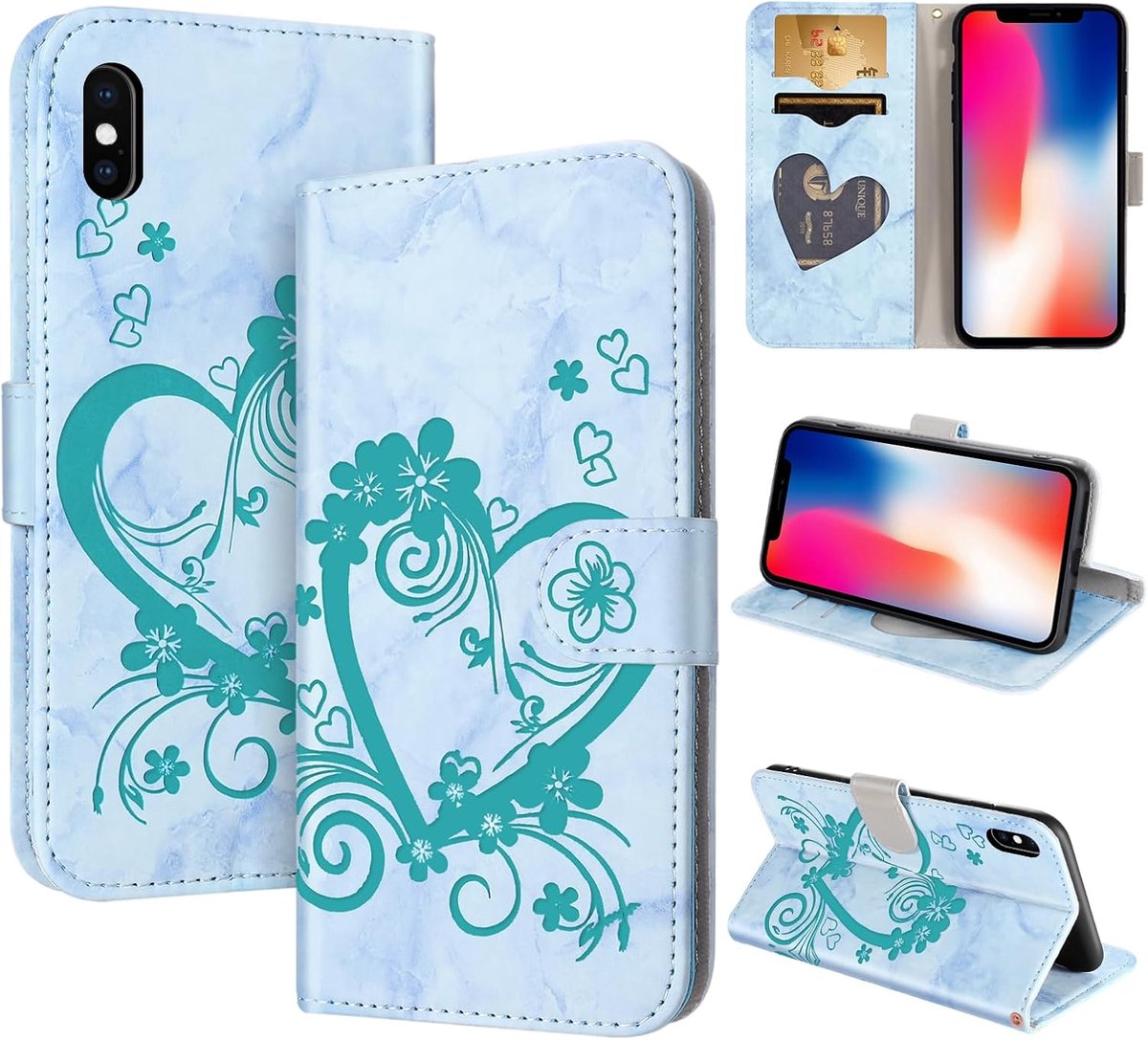 Telefoonhoesje voor iPhone X, iPhone XS, klaphoes van PU-leer, portemonneehoesje met kaartsleuf, beschermhoes, groen