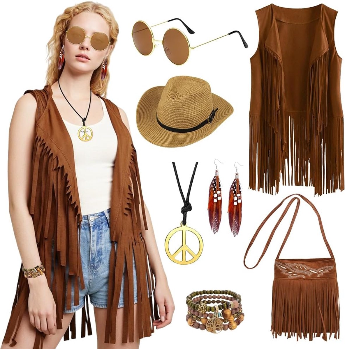 Hippiekostuum voor dames, jaren 70-kostuum voor dames, jaren 70-kostuum met franjes, hippie-accessoires, set outfits voor Halloween, carnavalskostuum